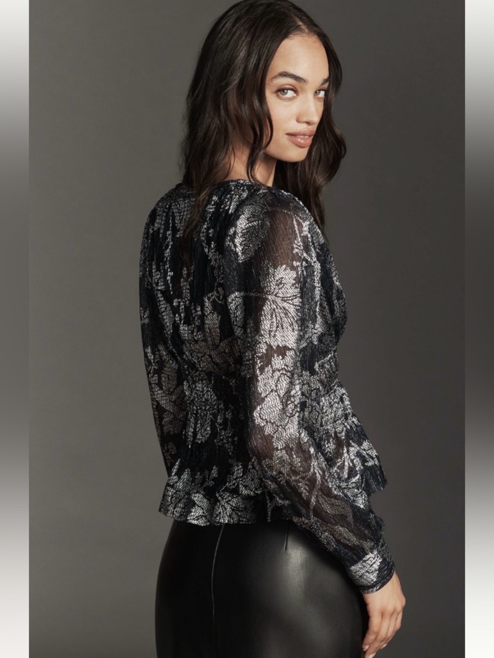 Anthropologie Romantic Glam Navy Metallic Silver Smocked Blouse NWT S Sheer - Picture 5 of 9